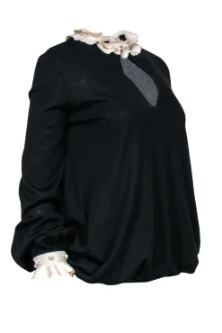 Alexander McQueen - Black Wool Sweater w/ Ruffle Trim Sz M