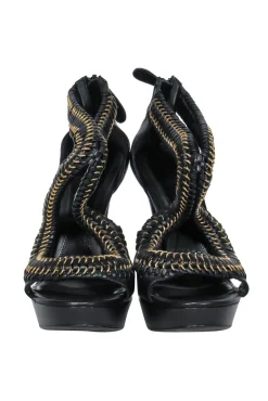 Alexander McQueen - Black Leather Platform Stilettos w/ Braided Gold Chain Trim Sz 8.5