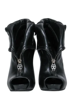Alexander McQueen - Black Leather Peep Toe Stiletto Booties w/ Skull Zipper Sz 8.5