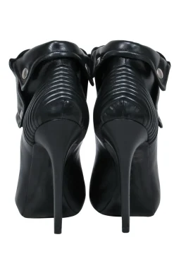 Alexander McQueen - Black Leather Peep Toe Stiletto Booties w/ Skull Zipper Sz 8.5