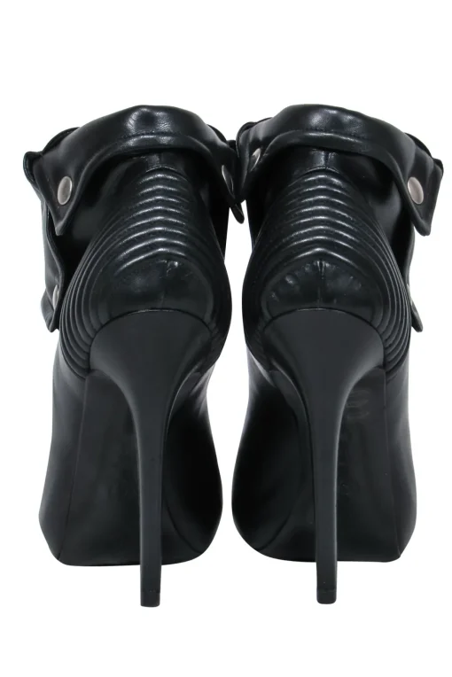 Alexander McQueen - Black Leather Peep Toe Stiletto Booties w/ Skull Zipper Sz 8.5