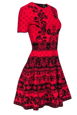 Alexander McQueen - Red & Black Floral Print Knit Short Sleeve Dress Sz S