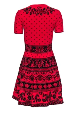 Alexander McQueen - Red & Black Floral Print Knit Short Sleeve Dress Sz S