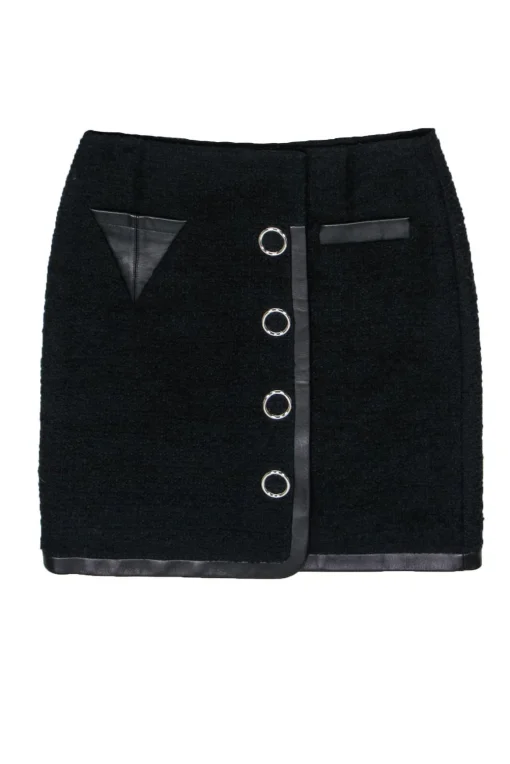Alexander Wang - Black Mini Tweed Skirt w/ Leather Trim Sz 2