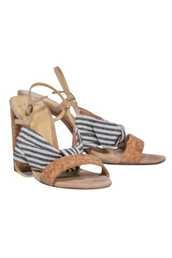 Alexandre Birman - Beige Cork Strappy Pumps w/ Navy & White Striped Bow Sz 7