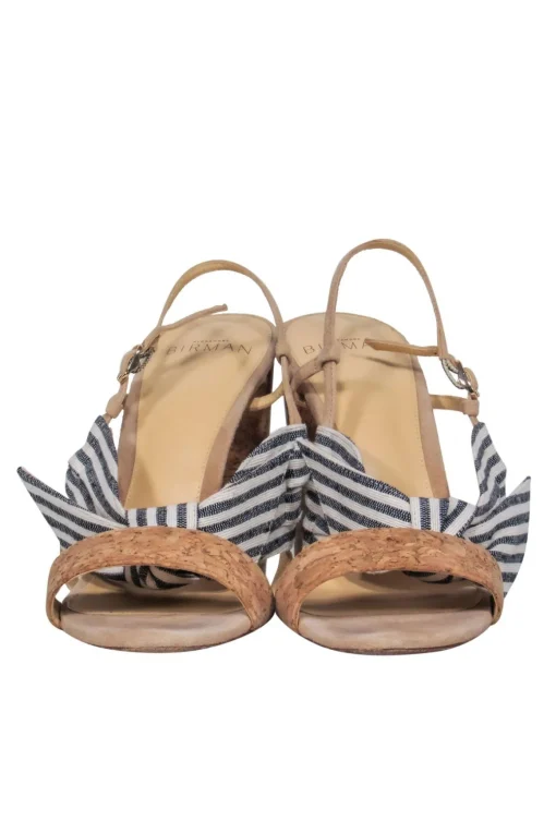 Alexandre Birman - Beige Cork Strappy Pumps w/ Navy & White Striped Bow Sz 7