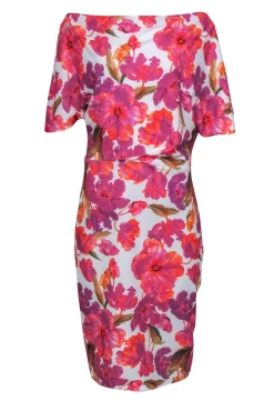Alexia Admor - White, Purple & Pink Floral Print Cowl Neck Sheath Dress Sz L