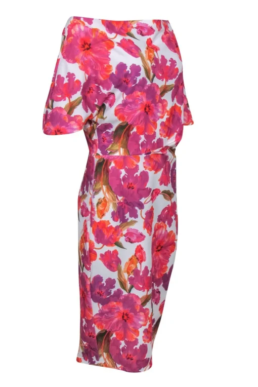 Alexia Admor - White, Purple & Pink Floral Print Cowl Neck Sheath Dress Sz L