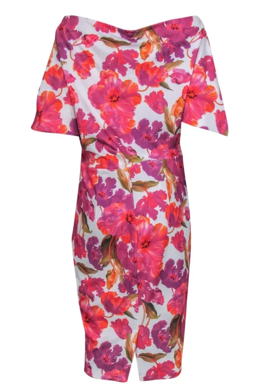 Alexia Admor - White, Purple & Pink Floral Print Cowl Neck Sheath Dress Sz L