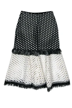 Alexis - Black & White Colorblocked Eyelet A-Line Skirt w/ Fringe Sz XS