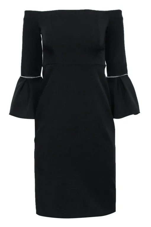 Alexis - Black Off The Shoulder Dress w/ Bell Sleeves & Fabric Trim Sz S