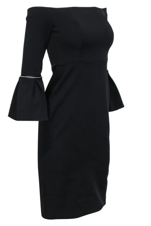 Alexis - Black Off The Shoulder Dress w/ Bell Sleeves & Fabric Trim Sz S