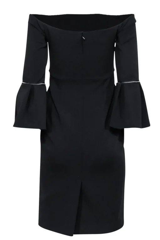 Alexis - Black Off The Shoulder Dress w/ Bell Sleeves & Fabric Trim Sz S