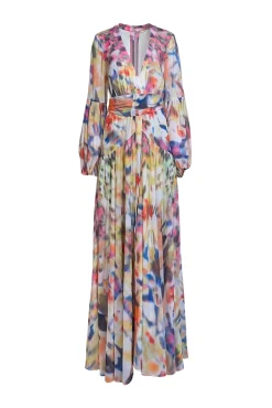 Alexis - Multicolor Print Chiffon Blouson Sleeve Maxi Dress Sz L
