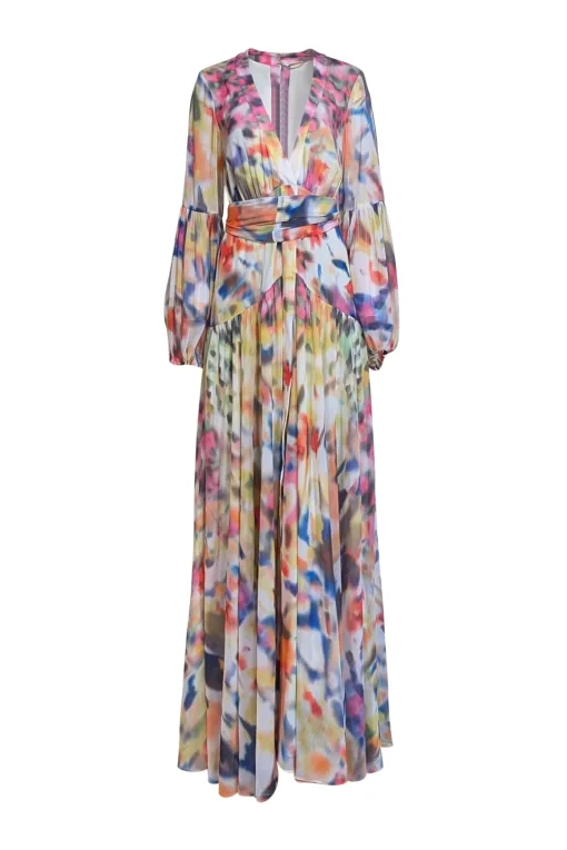Alexis - Multicolor Print Chiffon Blouson Sleeve Maxi Dress Sz L