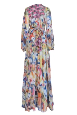 Alexis - Multicolor Print Chiffon Blouson Sleeve Maxi Dress Sz L
