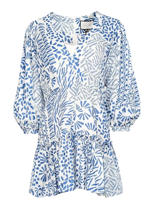 Alexis - Off-White & Blue Abstract Print Linen Mini Dress Sz L