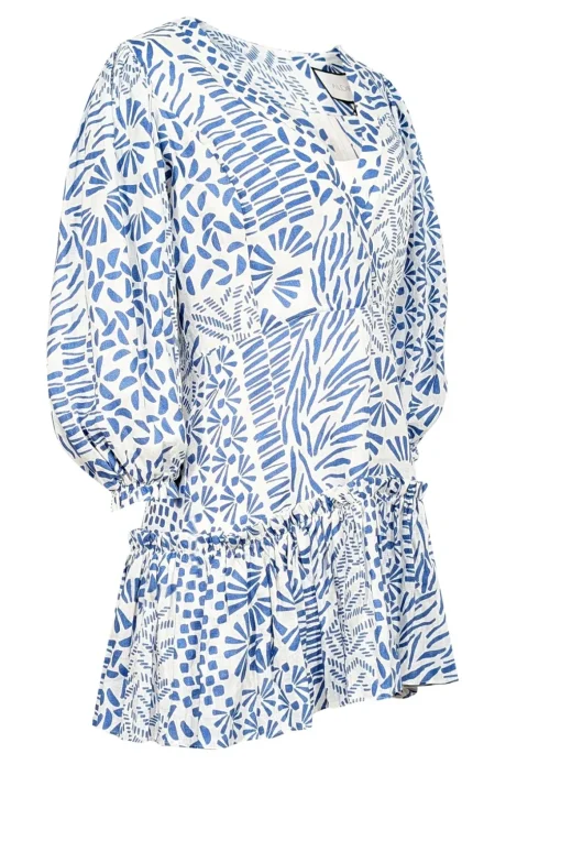 Alexis - Off-White & Blue Abstract Print Linen Mini Dress Sz L