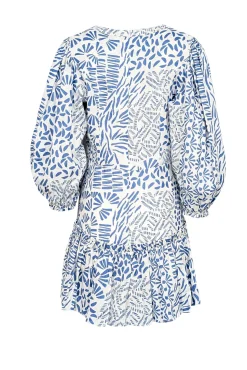 Alexis - Off-White & Blue Abstract Print Linen Mini Dress Sz L
