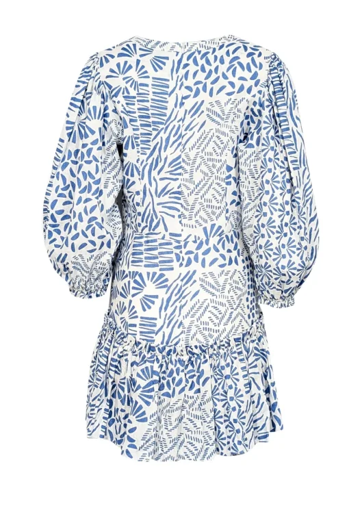 Alexis - Off-White & Blue Abstract Print Linen Mini Dress Sz L