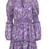 Alexis - Purple w/ Beige & Slate Floral Print Smocked Jacquard Dress Sz M