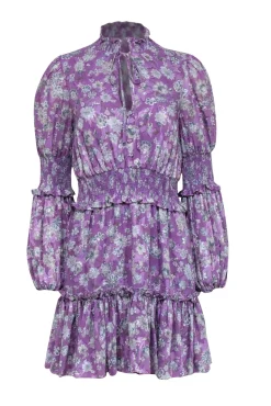 Alexis - Purple w/ Beige & Slate Floral Print Smocked Jacquard Dress Sz M