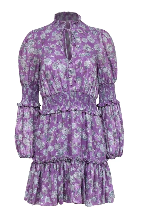 Alexis - Purple w/ Beige & Slate Floral Print Smocked Jacquard Dress Sz M