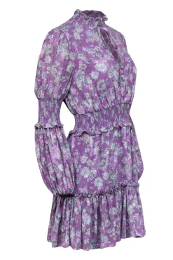 Alexis - Purple w/ Beige & Slate Floral Print Smocked Jacquard Dress Sz M