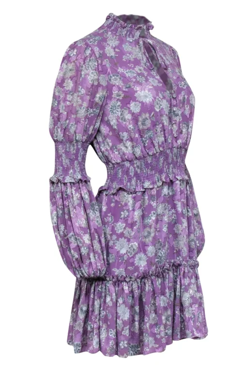 Alexis - Purple w/ Beige & Slate Floral Print Smocked Jacquard Dress Sz M