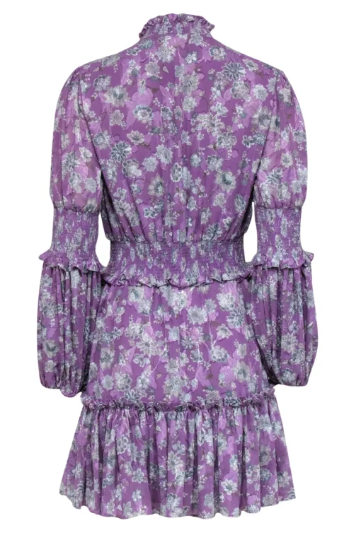 Alexis - Purple w/ Beige & Slate Floral Print Smocked Jacquard Dress Sz M