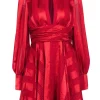 Alexis - Red & Orange Geometric Printed Satin Dress Sz M