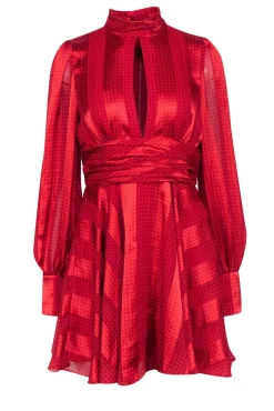 Alexis - Red & Orange Geometric Printed Satin Dress Sz M