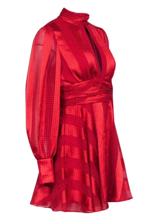 Alexis - Red & Orange Geometric Printed Satin Dress Sz M
