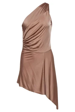 Alexis - Tan One-Shoulder Asymmetric Hem Midi Dress Sz M