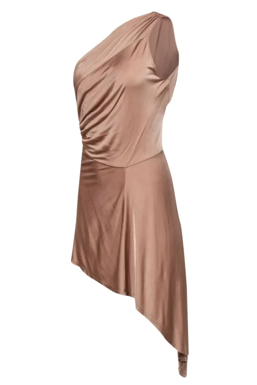 Alexis - Tan One-Shoulder Asymmetric Hem Midi Dress Sz M
