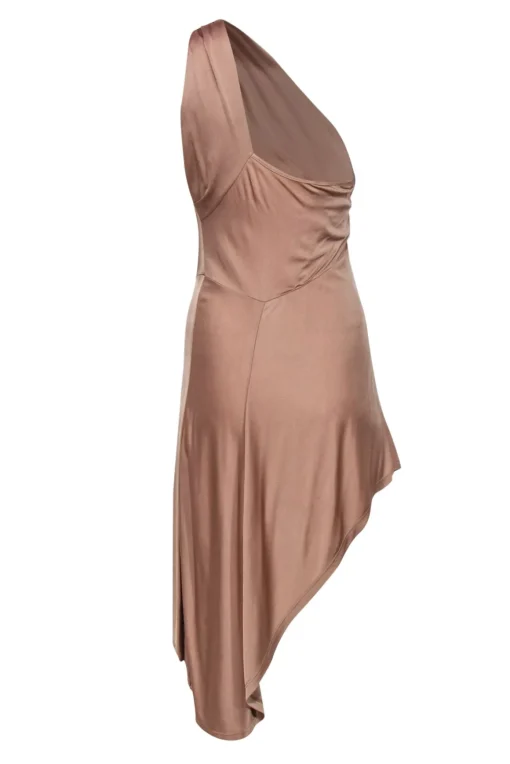 Alexis - Tan One-Shoulder Asymmetric Hem Midi Dress Sz M