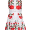 Alexis - White, Red & Green Floral Embroidered Drop Waist Dress w/ Lace Trim Sz M