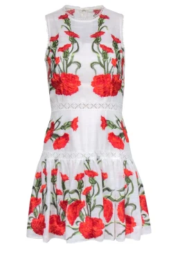 Alexis - White, Red & Green Floral Embroidered Drop Waist Dress w/ Lace Trim Sz M