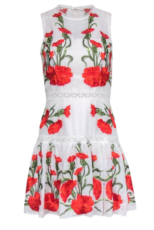 Alexis - White, Red & Green Floral Embroidered Drop Waist Dress w/ Lace Trim Sz M
