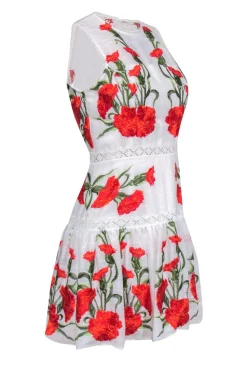 Alexis - White, Red & Green Floral Embroidered Drop Waist Dress w/ Lace Trim Sz M