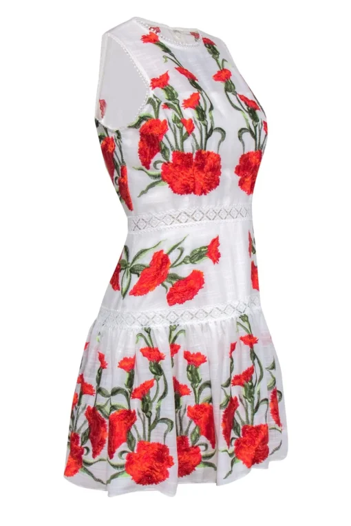 Alexis - White, Red & Green Floral Embroidered Drop Waist Dress w/ Lace Trim Sz M