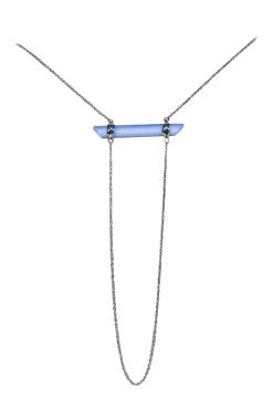 Alexis Bittar - Long Silver Chain Necklace w/ Textured Light Blue Bar