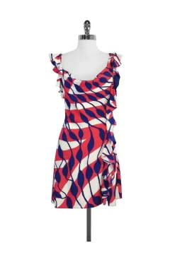 Ali Ro - Pink & Navy Print Silk Cascading Ruffle Dress Sz 2