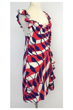 Ali Ro - Pink & Navy Print Silk Cascading Ruffle Dress Sz 2