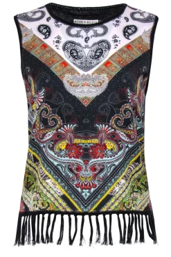 Alice & Olivia - Black & Multicolor Bohemian Print Knit Tank w/ Fringed Trim Sz S