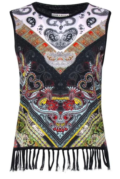 Alice & Olivia - Black & Multicolor Bohemian Print Knit Tank w/ Fringed Trim Sz S
