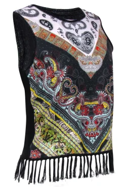 Alice & Olivia - Black & Multicolor Bohemian Print Knit Tank w/ Fringed Trim Sz S