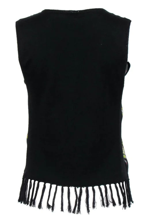 Alice & Olivia - Black & Multicolor Bohemian Print Knit Tank w/ Fringed Trim Sz S