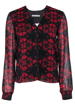 Alice & Olivia - Black & Red Floral Print Long Sleeve Blouse Sz S