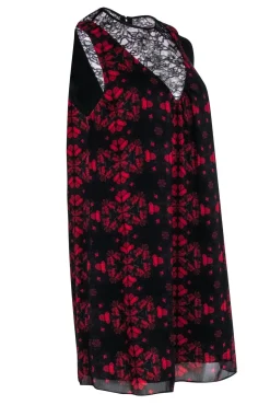 Alice & Olivia - Black & Red Floral Print Sleeveless Shift Dress w/ Lace Middle V Sz 6
